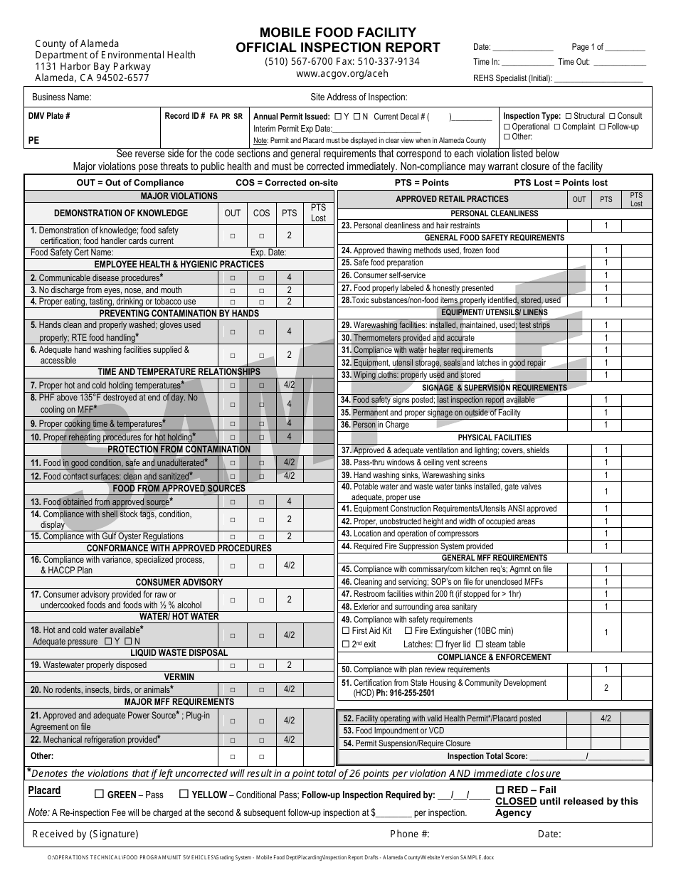 Alameda County, California Mobile Food Facility Official Inspection