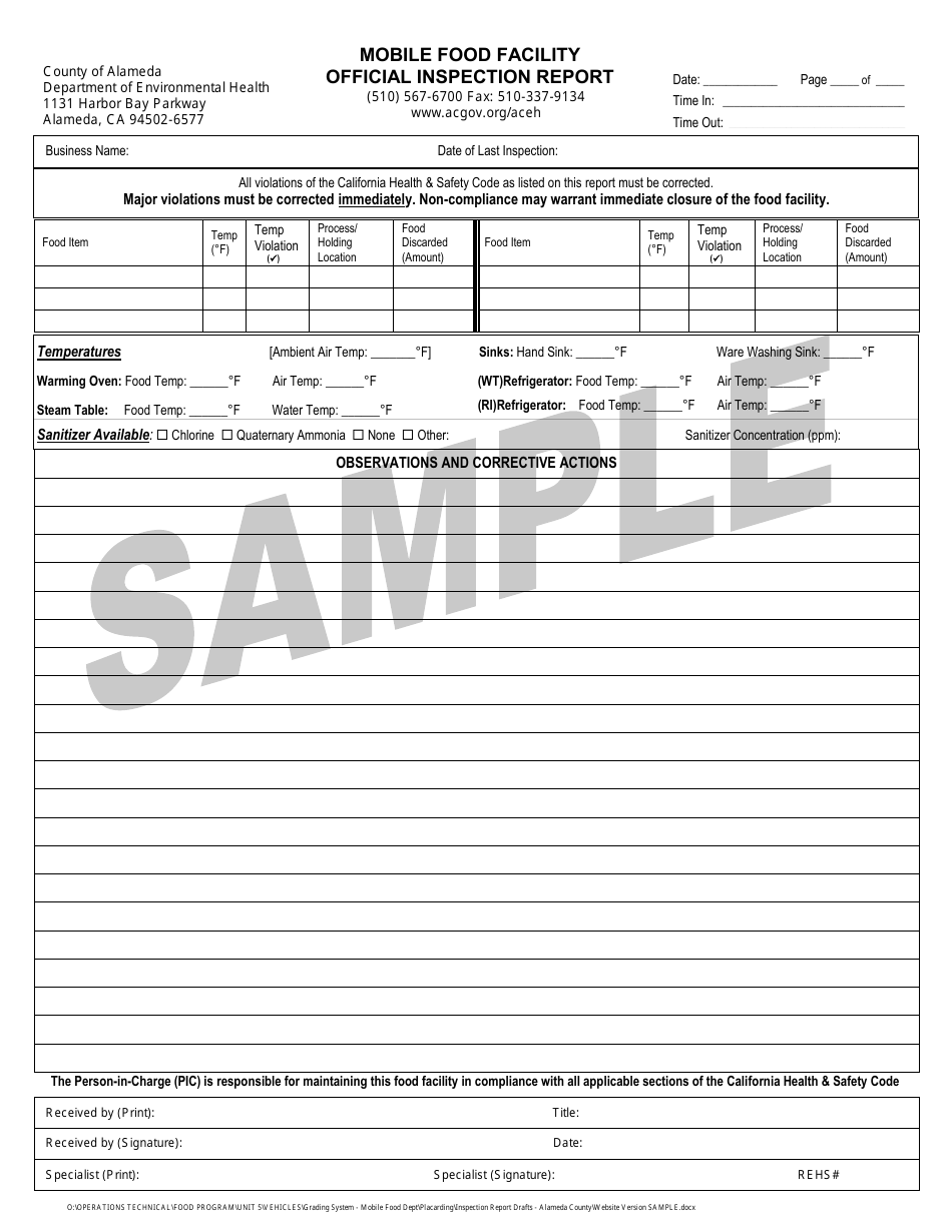 Mobile Food Facility Official Inspection Report - Sample - Alameda County, California, Page 3