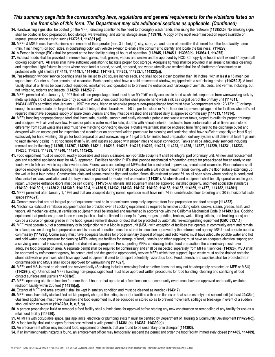 Mobile Food Facility Official Inspection Report - Sample - Alameda County, California, Page 4