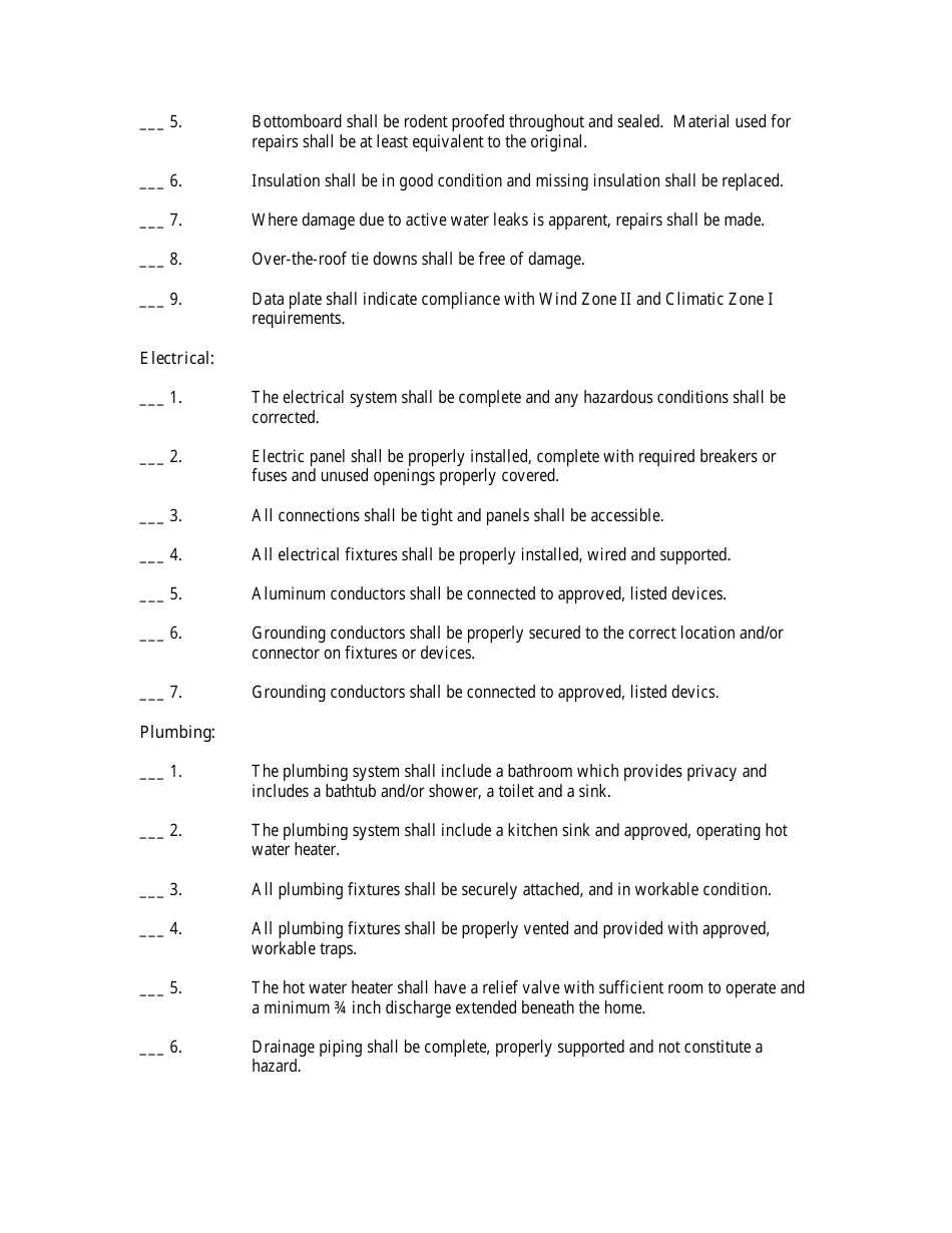 Used Mobile Home Minimum Standards Pre-inspection Report Form - Highlands County, Florida, Page 2