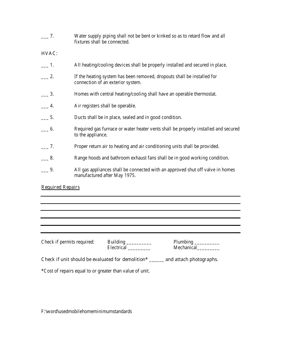 Used Mobile Home Minimum Standards Pre-inspection Report Form - Highlands County, Florida, Page 3