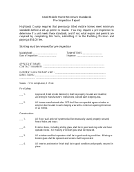 Document preview: Used Mobile Home Minimum Standards Pre-inspection Report Form - Highlands County, Florida