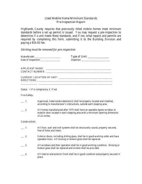 Used Mobile Home Minimum Standards Pre-inspection Report Form - Highlands County, Florida Download Pdf