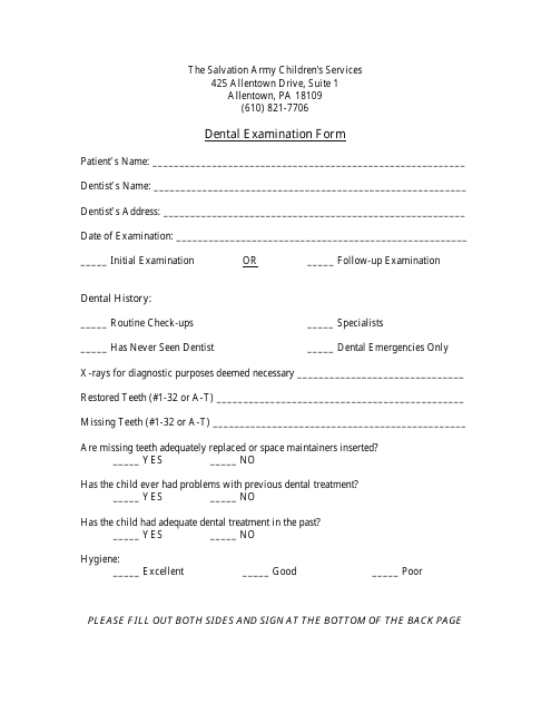Dental Examination Form - the Salvation Army Children's Services Download Pdf