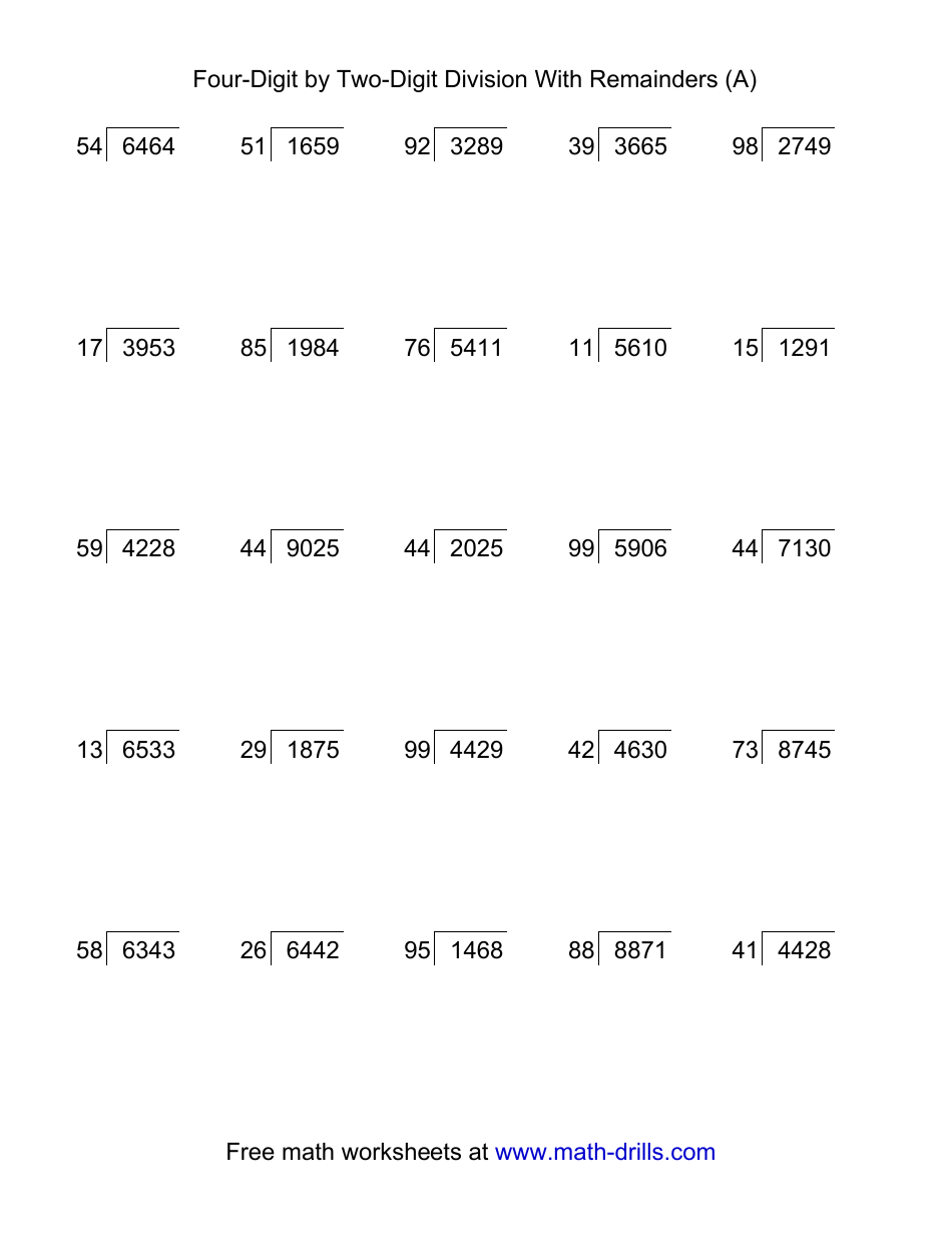 four digit by two digit division with remainders worksheet with answer key download printable pdf templateroller