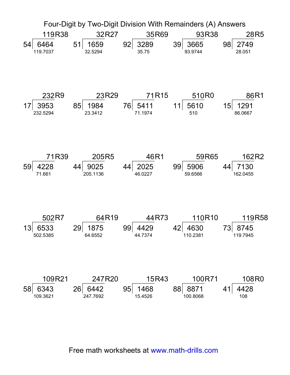 Four-Digit by Two-Digit Division With Remainders Worksheet With Answer ...