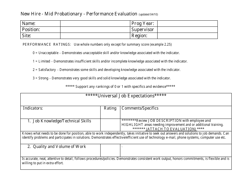 New Hire Mid Probationary Performance Evaluation Template