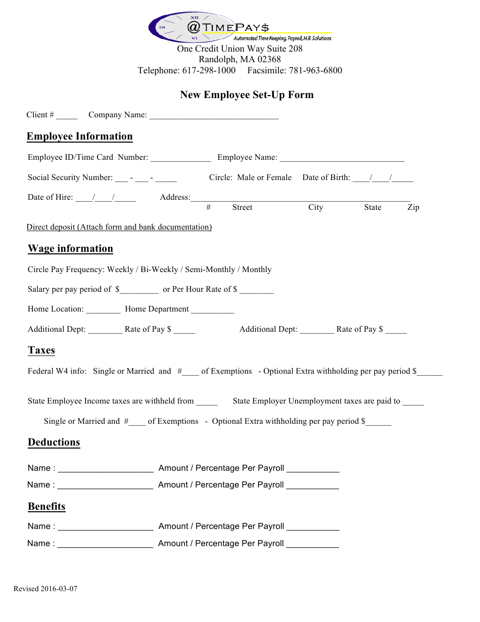 Massachusetts New Employee SetUp Form Timepays Fill Out, Sign