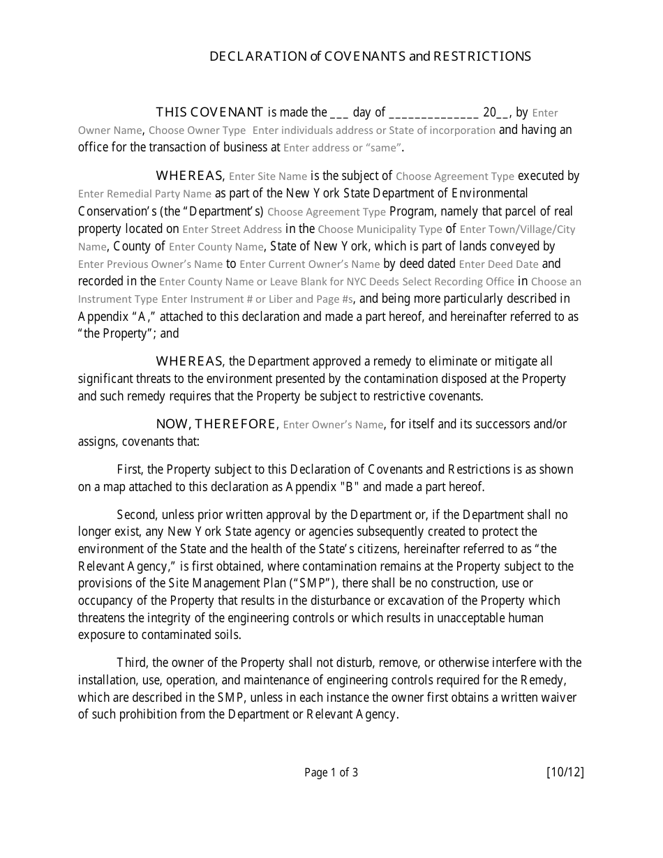 Declaration of Covenants and Restrictions - New York, Page 1