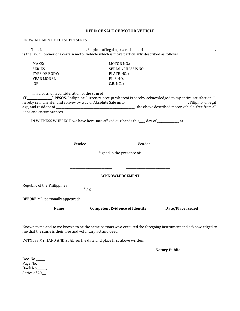 Deed of Sale of Motor Vehicle Form - Philippines, Page 1