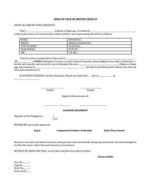 deed of sale of motor vehicle form download printable pdf blank deed of sale form