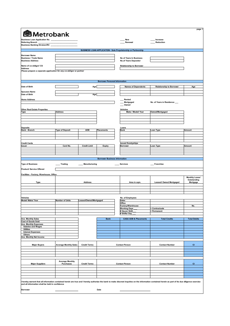 Business Loan Application Form - Metrobank, Page 1