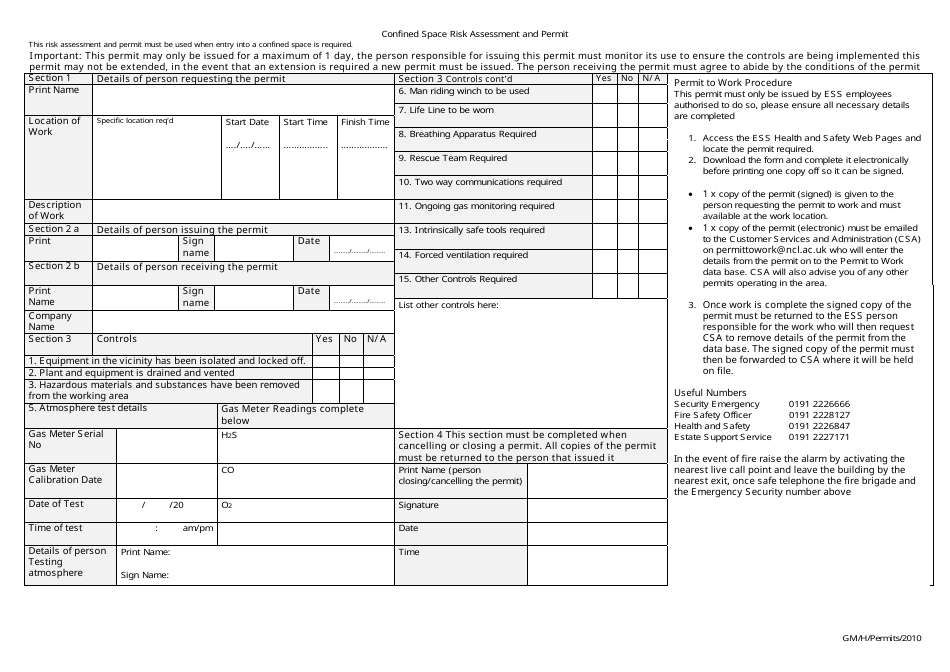 Confined Space Risk Assessment and Permit Form, Page 2