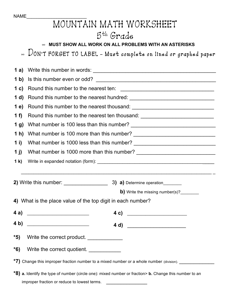 Mountain Math Worksheet for 5th Grade