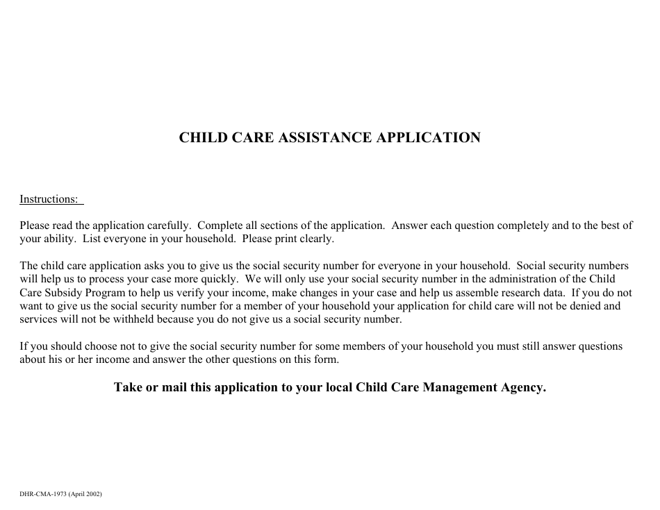 Form DHR-CMA-1973 Child Care Assistance Application - Alabama, Page 1