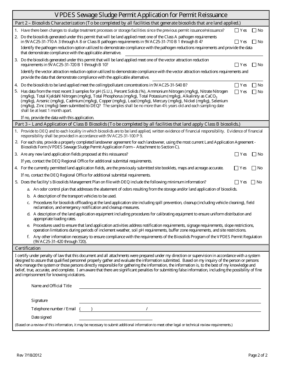 Virginia Vpdes Sewage Sludge Permit Application for Permit Reissuance ...