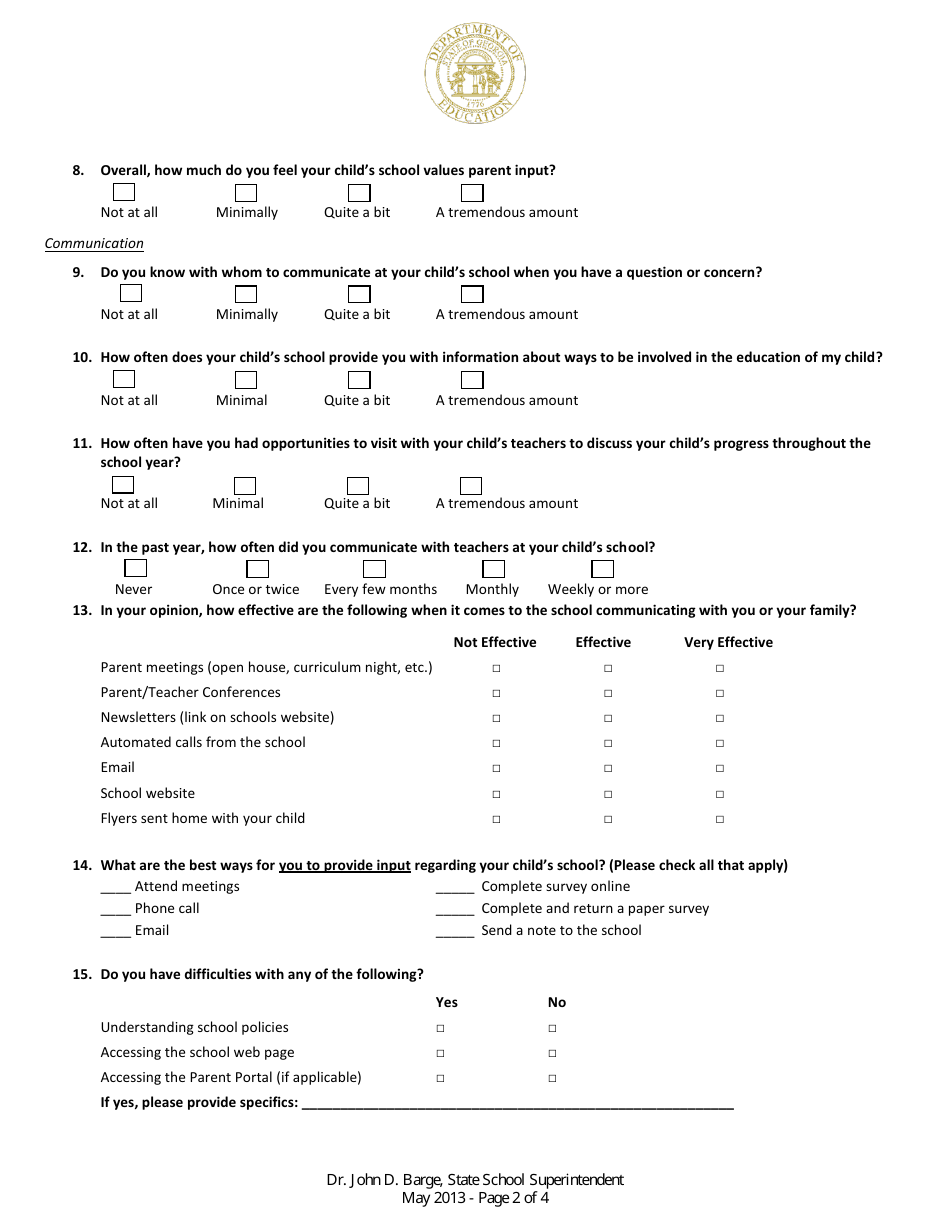 Middle School Title I Parent Involvement Survey Template - Georgia (United States), Page 2