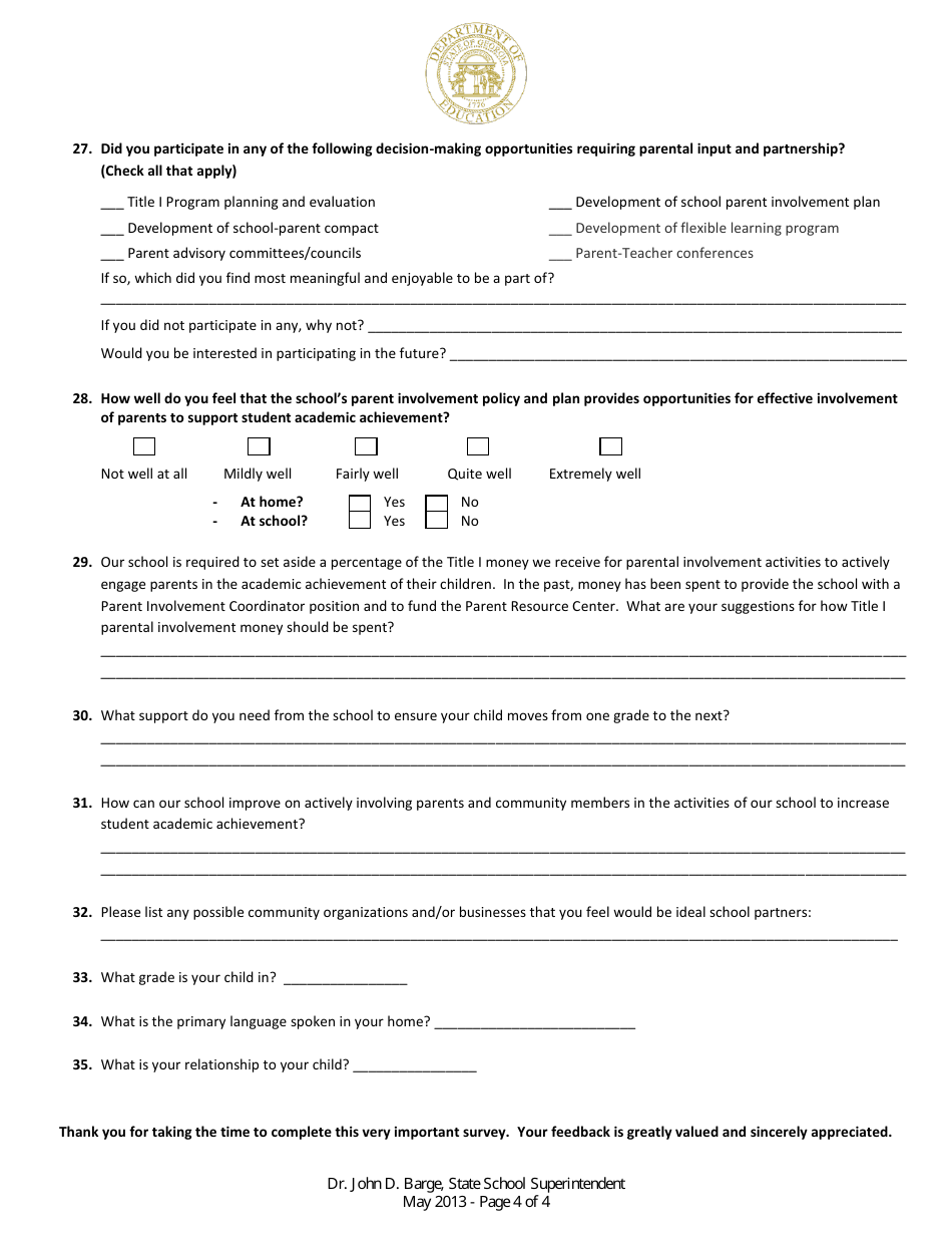 Middle School Title I Parent Involvement Survey Template - Georgia (United States), Page 4