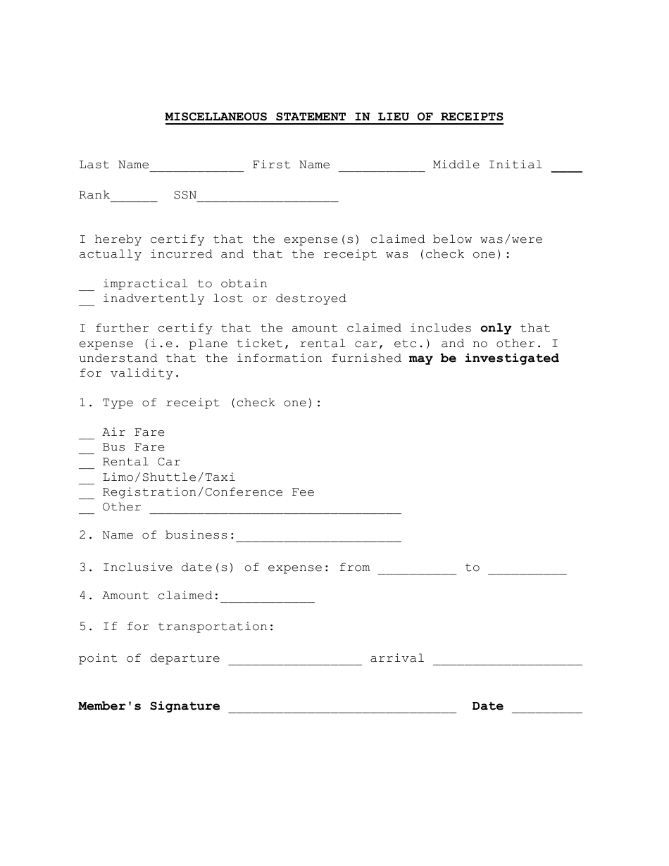 Miscellaneous Statement in Lieu of Receipts Template Fill Out, Sign