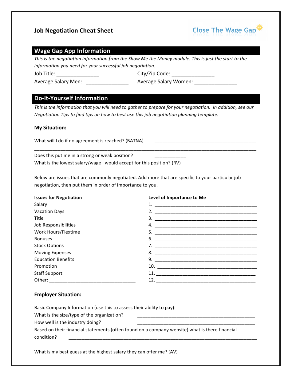 Job Negotiation Cheat Sheet - Close the Wage Gap Download Printable PDF ...