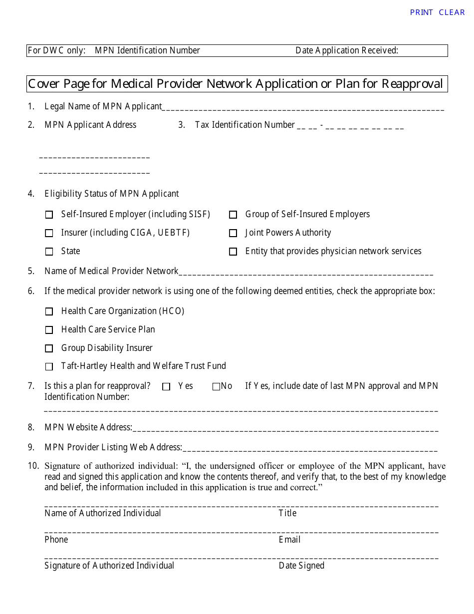 Cover Page for Medical Provider Network Application or Plan for Reapproval - California, Page 1