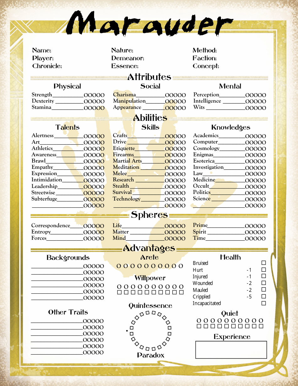 Mage the Ascension Marauder Character Sheet - Document Preview