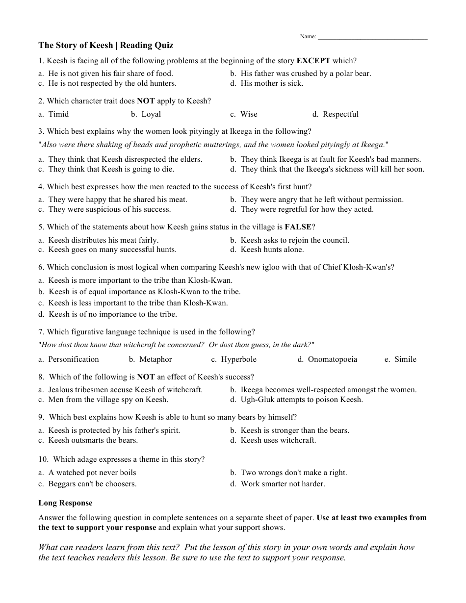 The Story of Keesh Reading Quiz, Page 4