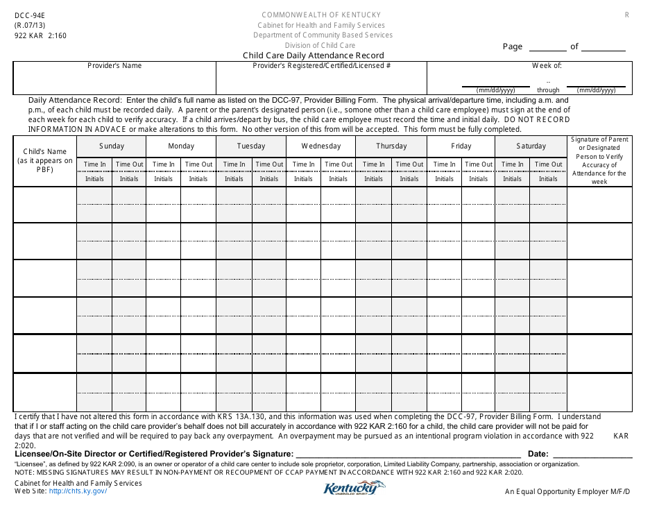 Form DCC-94E Child Care Daily Attendance Record - Kentucky, Page 1