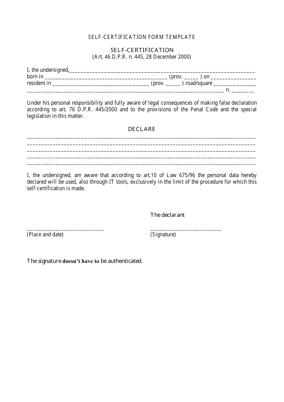 Self-certification Form Template - Italian Embassy in Iraq - Baghdad Governorate, Iraq, Page 1