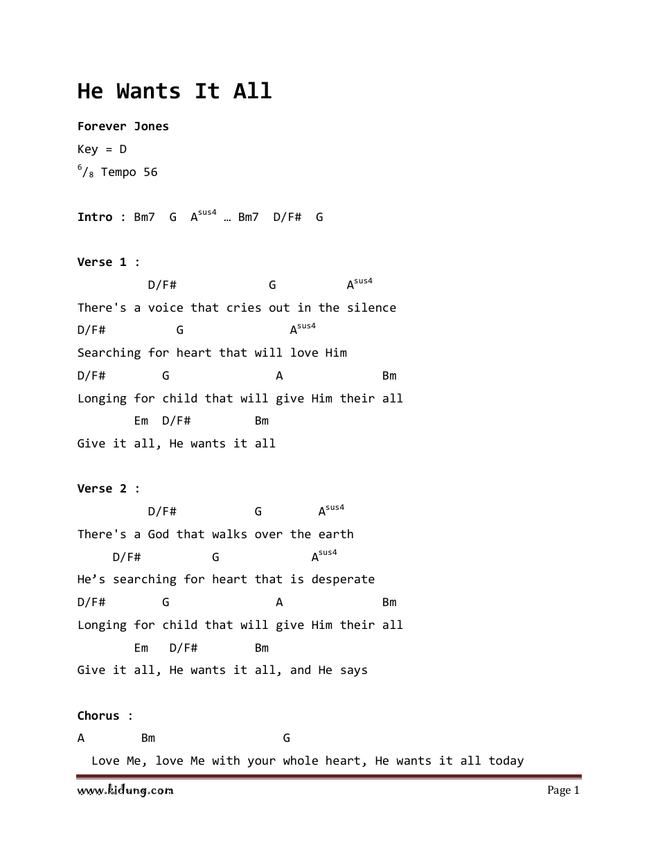 Chord chart for the song "He Wants It All" by Forever Jones.