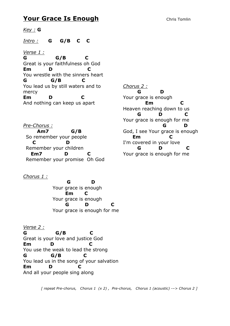 Chris Tomlin - Your Grace Is Enough (G) Chord Chart Image