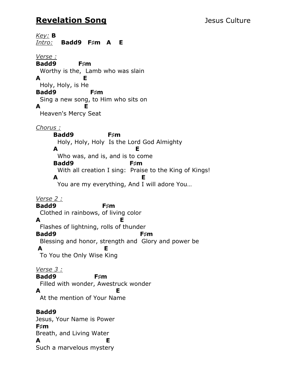 Jesus Culture - Revelation Song Chord Chart