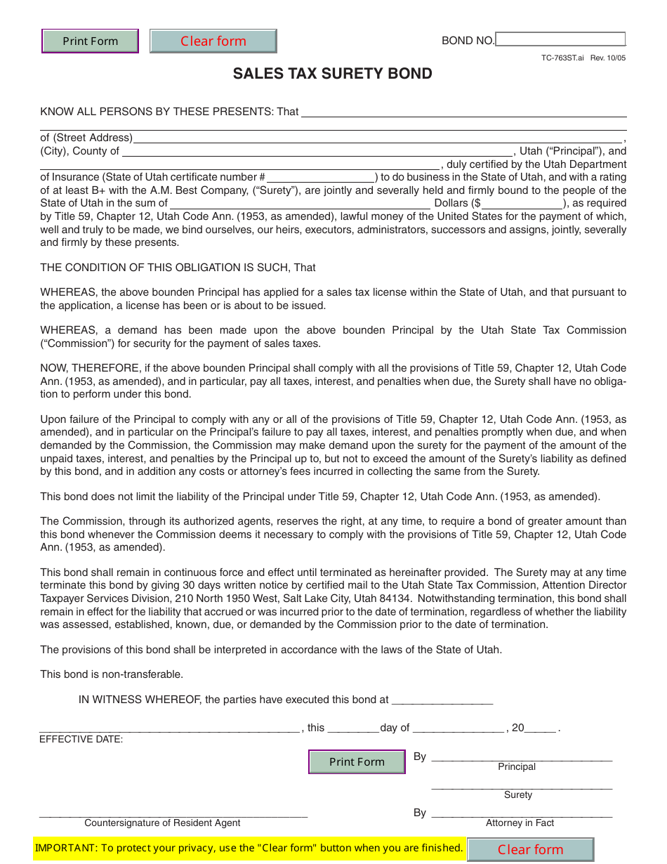 Form TC-763ST Sales Tax Surety Bond - Utah, Page 1