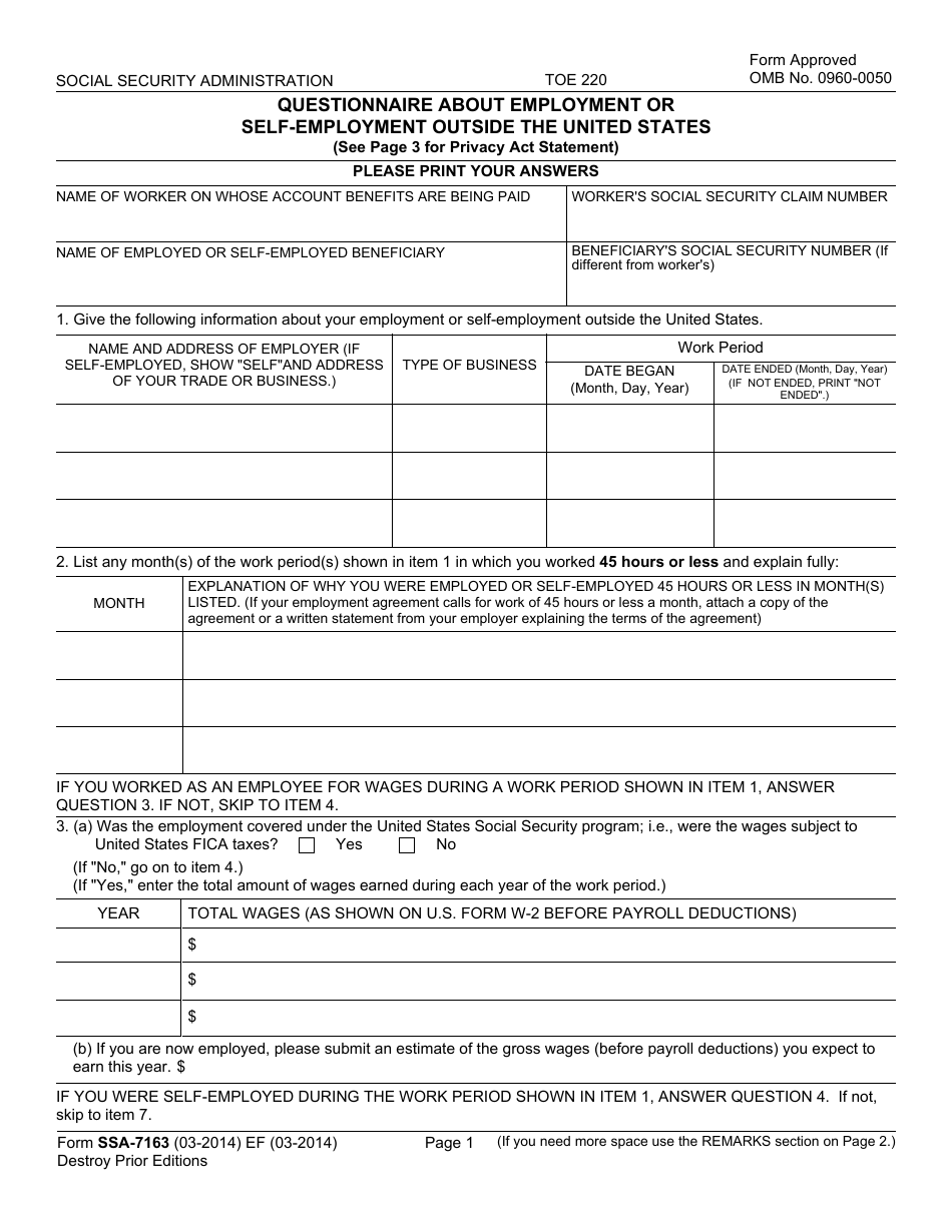 Form SSA-7163 Questionnaire About Employment or Self-employment Outside the United States, Page 1