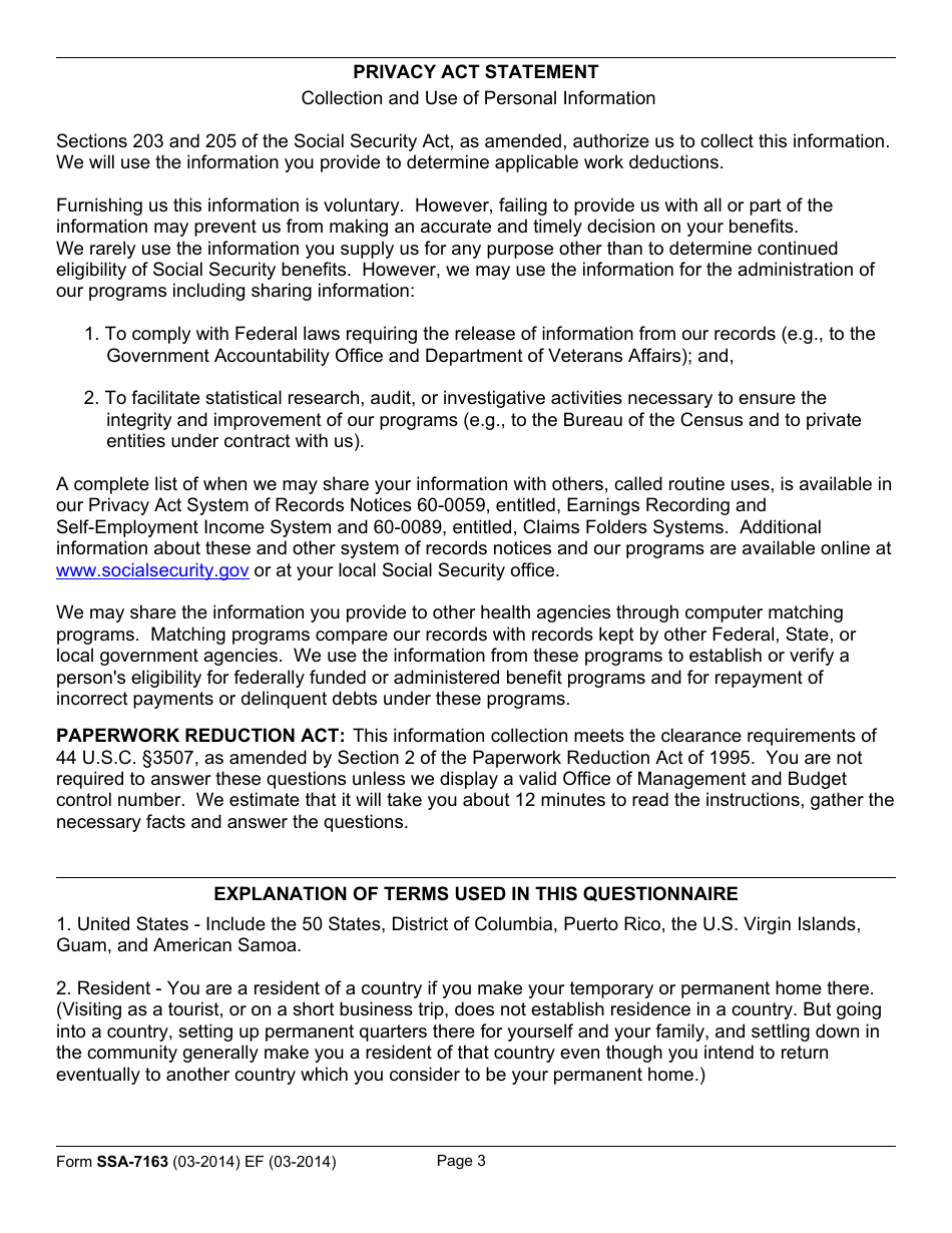 Form SSA-7163 Questionnaire About Employment or Self-employment Outside the United States, Page 3