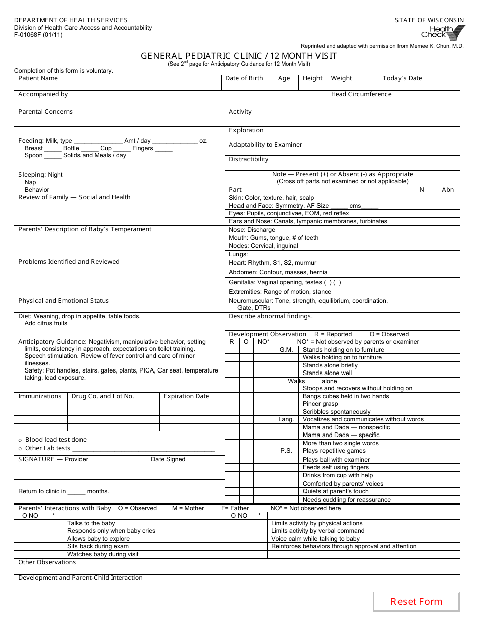 Form F-01058f General Pediatric Clinic / 12 Month Visit - Wisconsin, Page 1