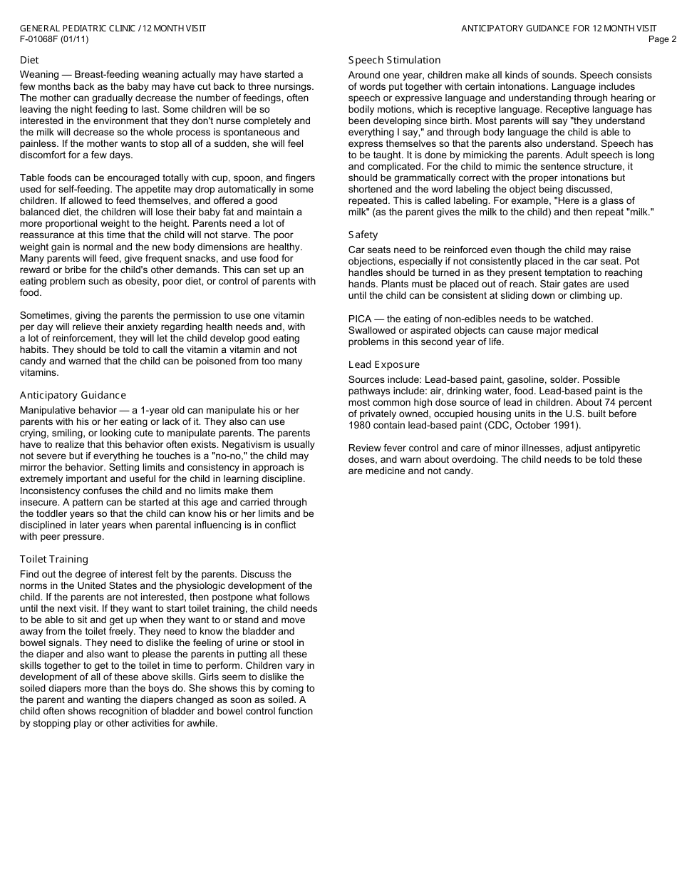 Form F-01058f General Pediatric Clinic / 12 Month Visit - Wisconsin, Page 2