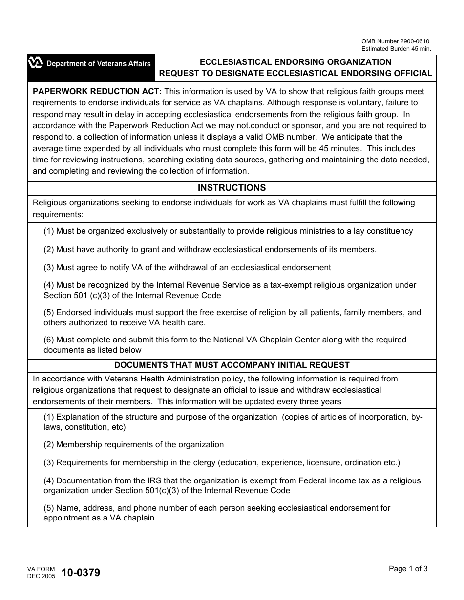 VA Form 10-0379 Ecclesiastical Endorsing Organization Request to Designate Ecclesiastical Endorsing Official, Page 1