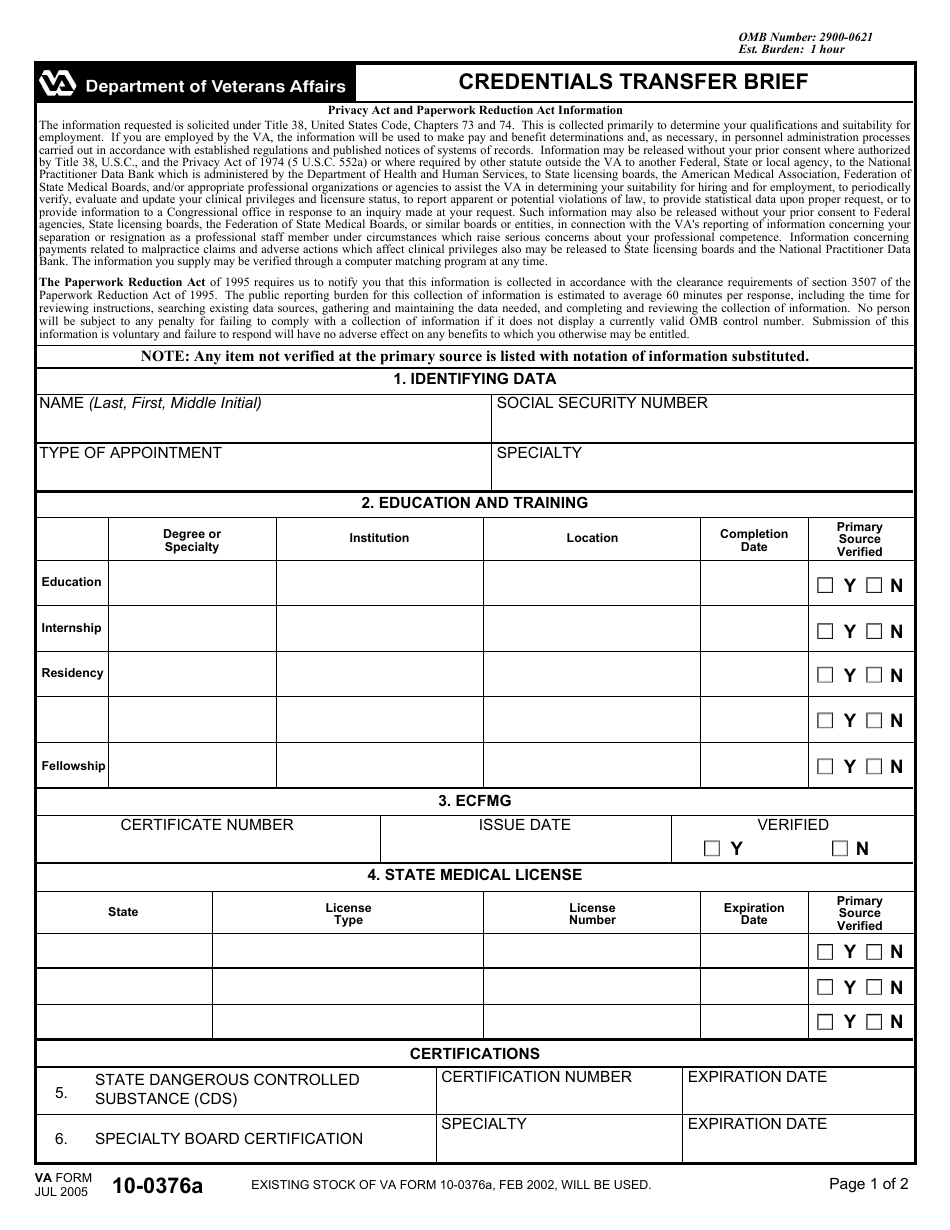 VA Form 10-0376a Credentials Transfer Brief, Page 1