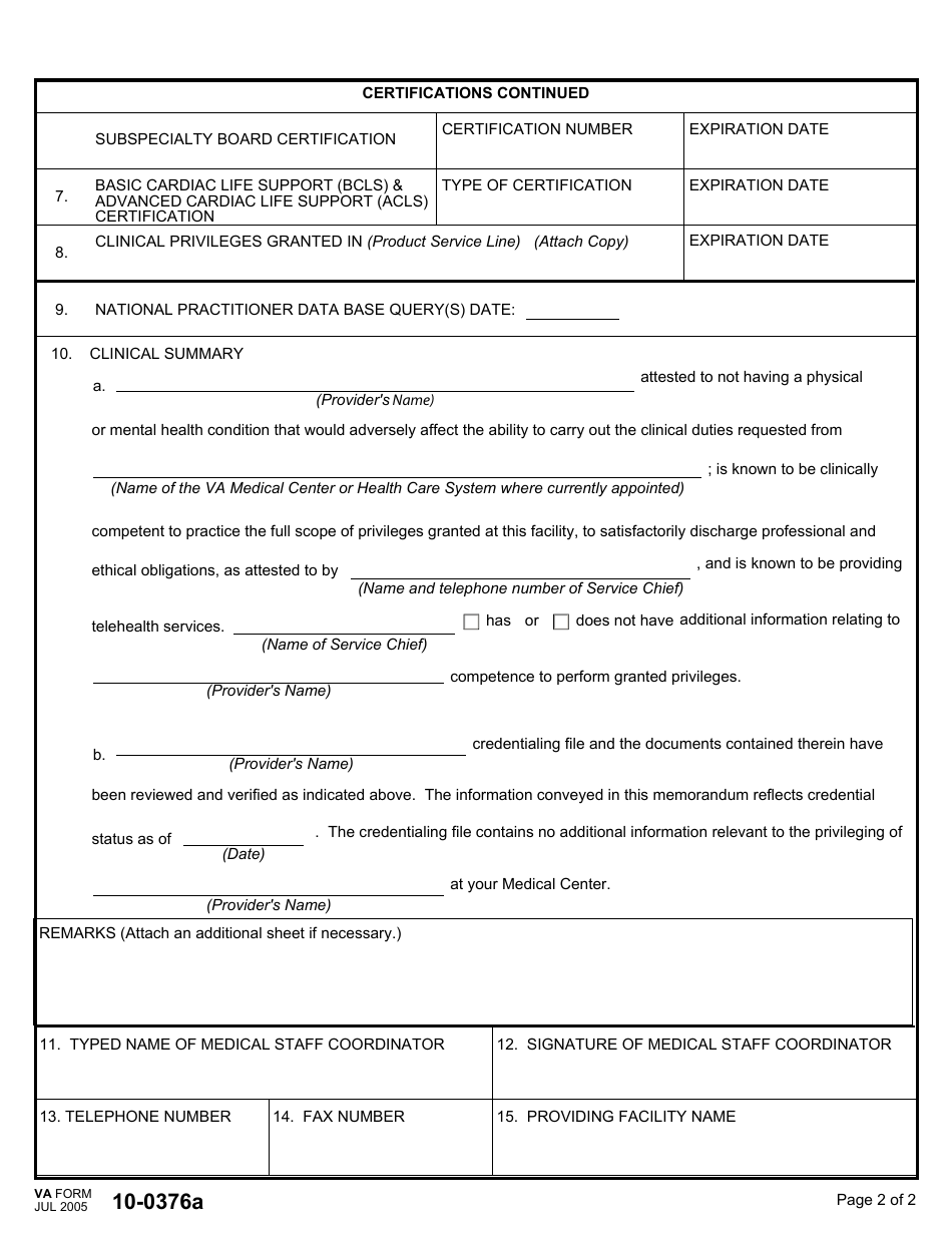 VA Form 10-0376a Credentials Transfer Brief, Page 2