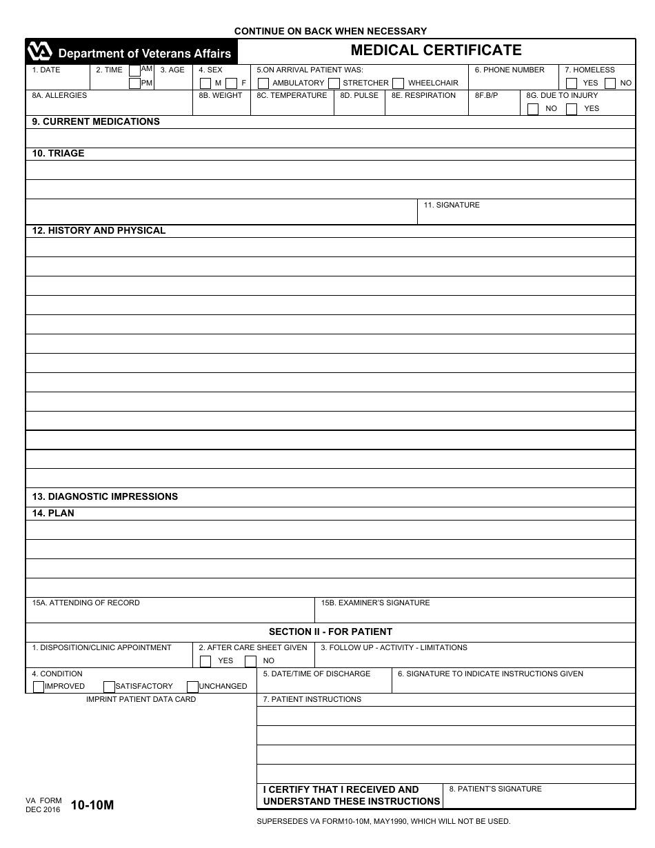 VA Form 10-10M Medical Certificate, Page 1