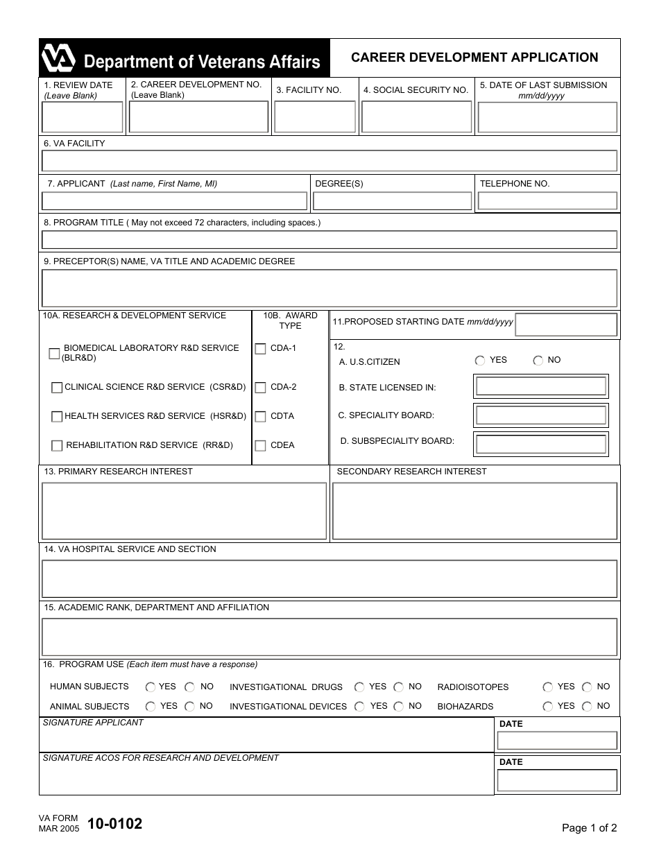VA Form 10-0102 Career Development Application, Page 1