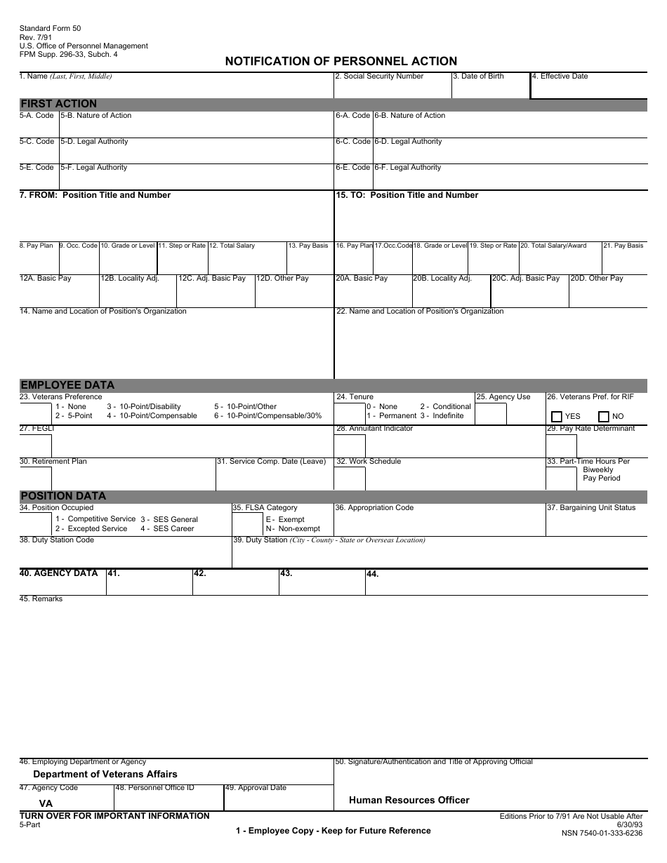 OPM Form SF-50 Notification of Personnel Action, Page 1