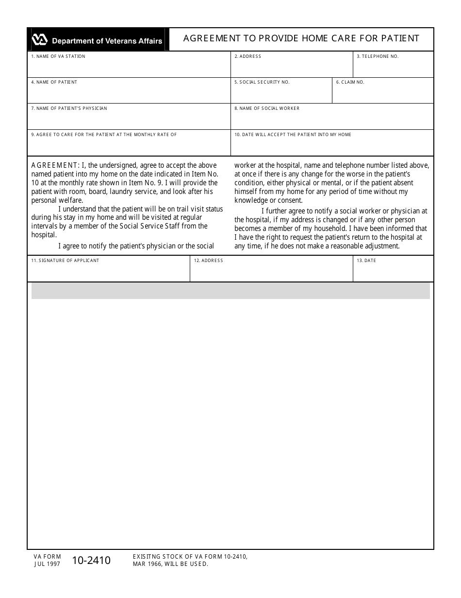VA Form 10-2410 Agreement to Provide Home Care to Patient, Page 1