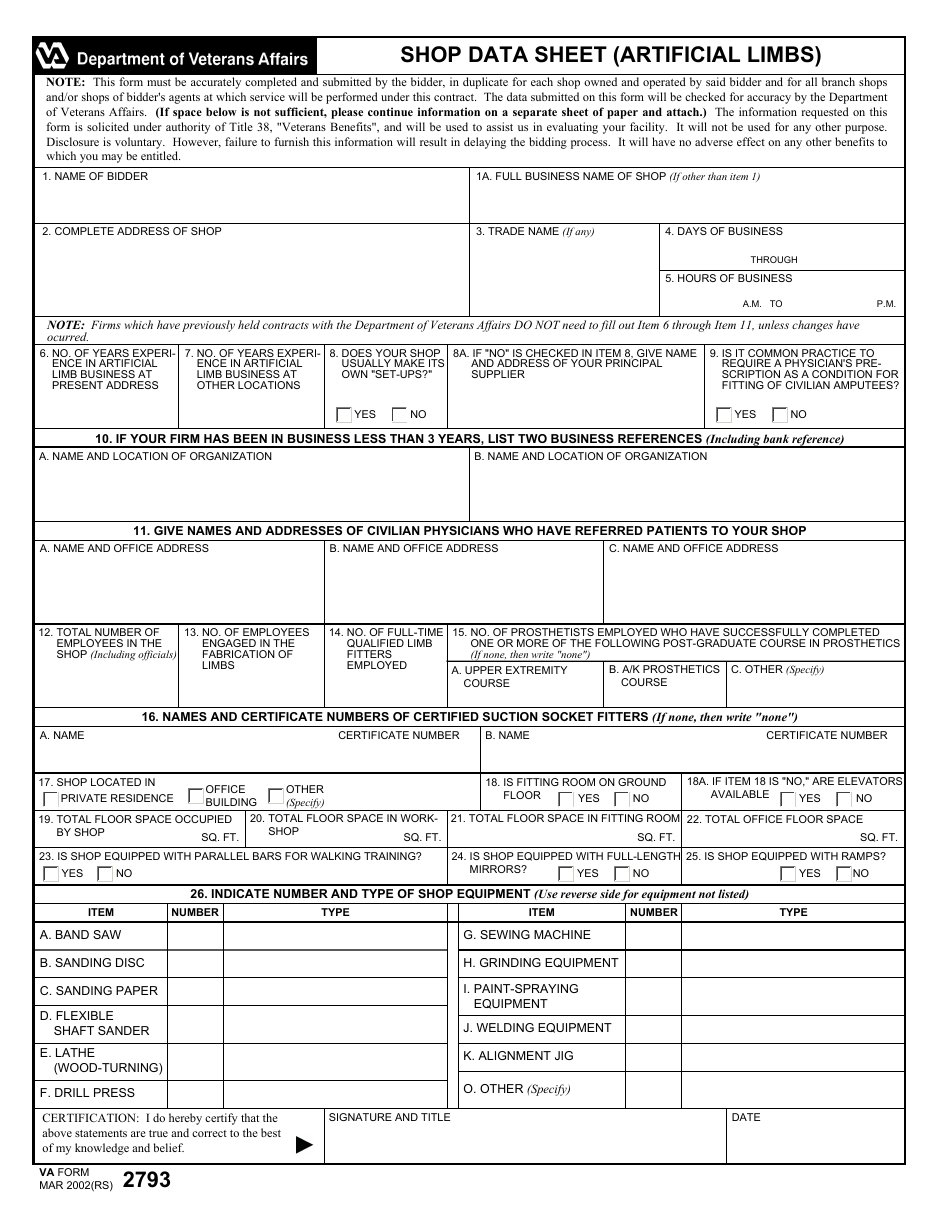 VA Form 2793 Shop Data Sheet (Artificial Limbs), Page 1