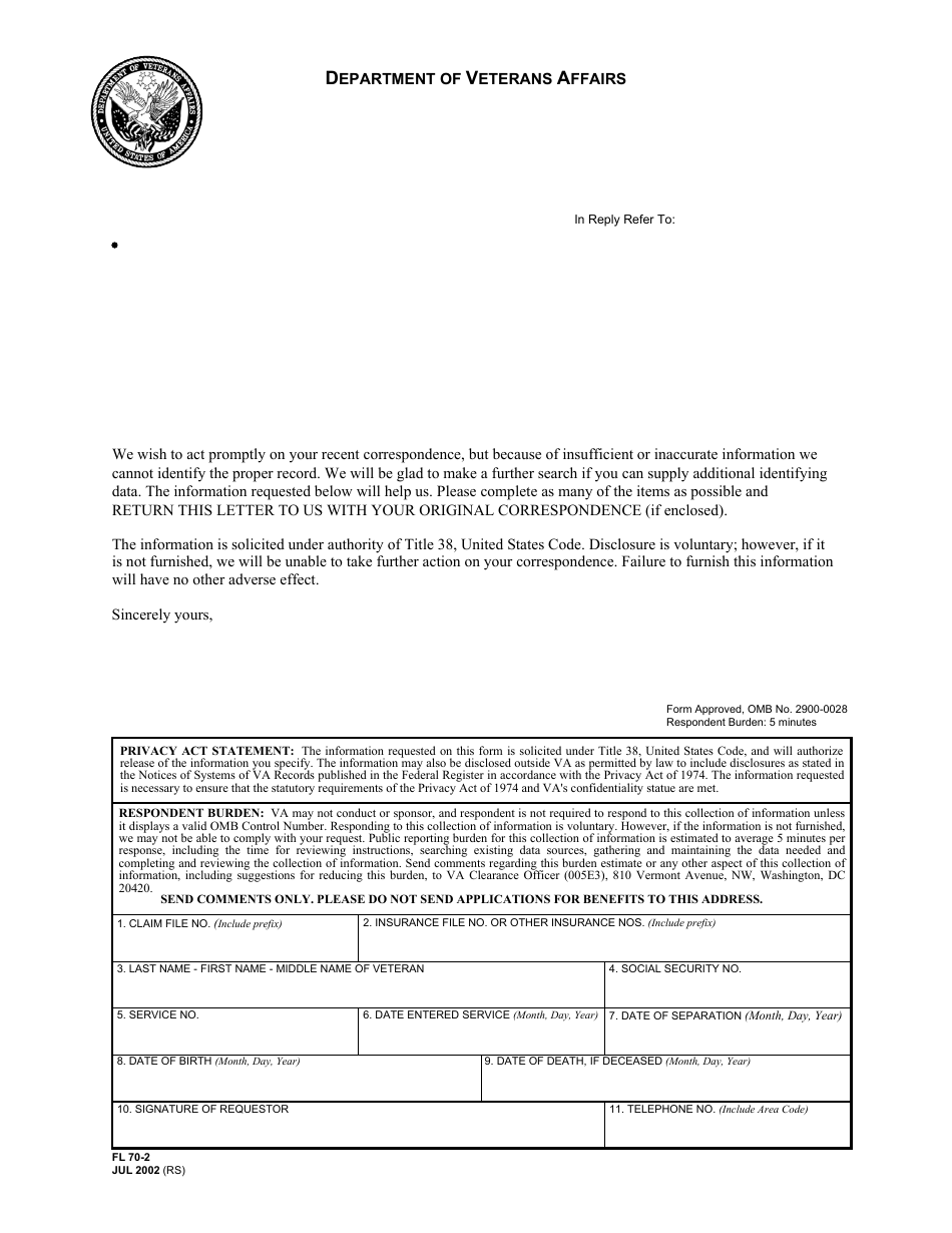 VA Form FL70-2 Request to Correspondent for Identifying Information Regarding Veteran, Page 1