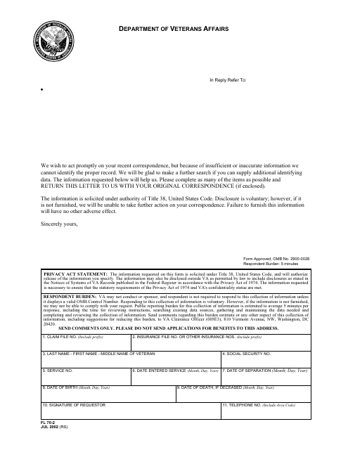 VA Form FL70-2 Request to Correspondent for Identifying Information Regarding Veteran