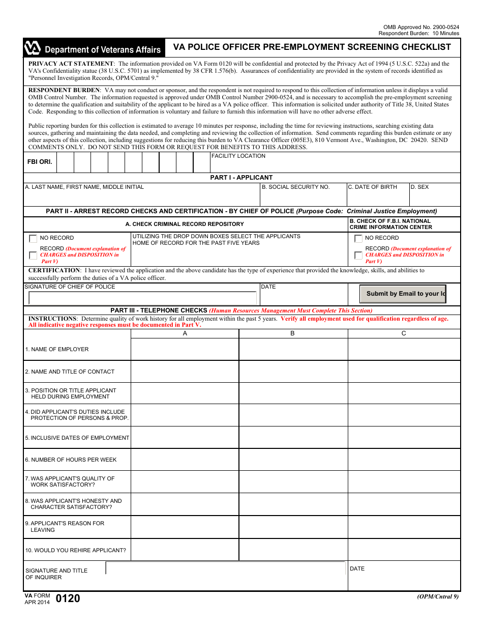 VA Form 0120 VA Police Officer Pre-employment Screening Checklist, Page 1