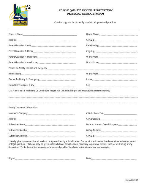 Medical Release Form - Idaho Youth Soccer Association