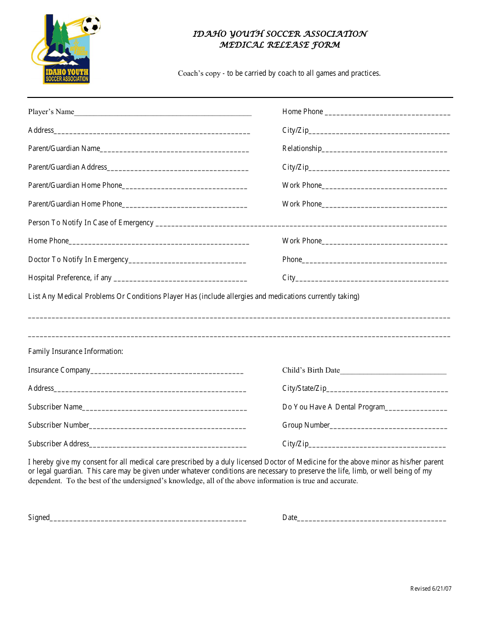 Medical Release Form - Idaho Youth Soccer Association, Page 1